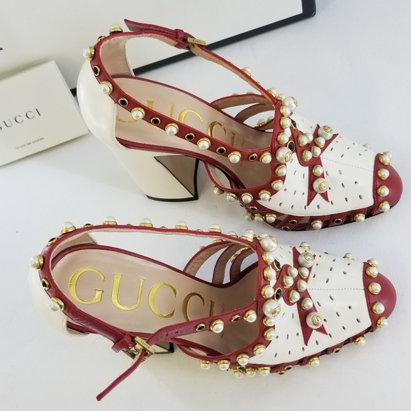 Gucci Tracy Red White Embellished Heels Sz 36 - Picture 3 of 16